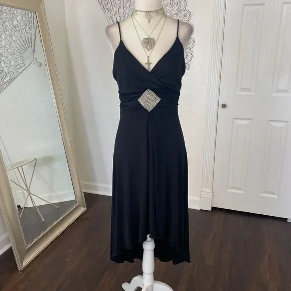 Jodi Kristopher Vintage Early 2000's Asymmetric Cinched Black Midi Prom Dress M - Picture 5 of 8
